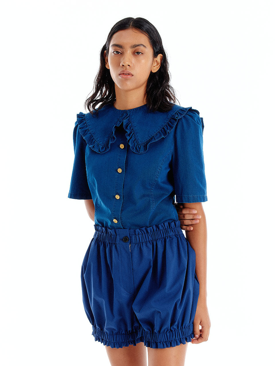 EENK UJENNY Frilled Collar Denim Shirt - Denim Blue