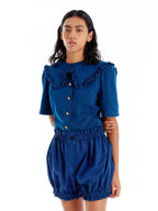 EENK UJENNY Frilled Collar Denim Shirt - Denim Blue