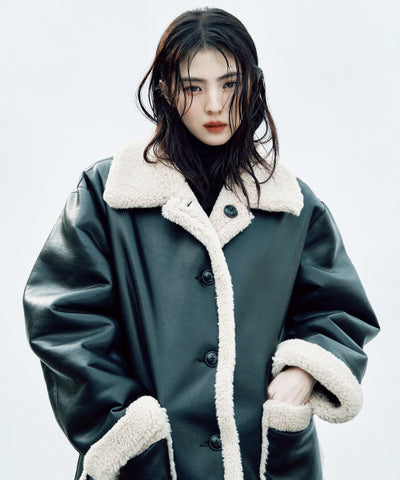 MUSINSA STANDARD WOMAN Women's Reversible Synthetic Leather Shearling Half Coat [Black]
