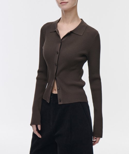 MUSINSA STANDARD WOMAN MUSINSA STANDARD WOMAN Women's Ribbed Slim Collared Cardigan [Brown]