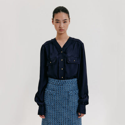 Oversized V-neck Blouse - Navy