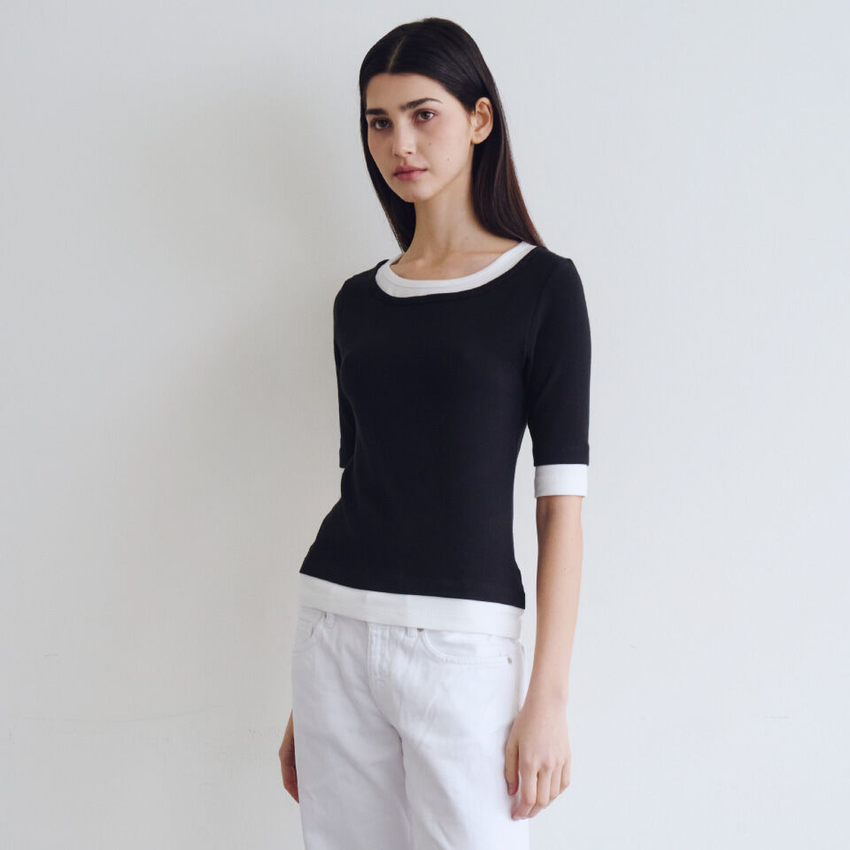 WAVE UNION Layered half sleeve top Black