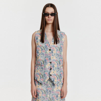 YIVA Floral Buttoned Vest - Cream/Blue Multi