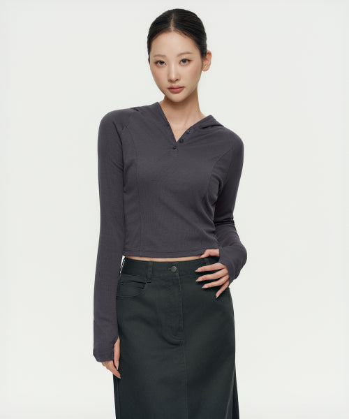 MUSINSA STANDARD WOMAN MUSINSA STANDARD WOMAN Women's Ribbed Slim Hooded Long Sleeve T-Shirt (Dark Gray)