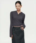 MUSINSA STANDARD WOMAN MUSINSA STANDARD WOMAN Women's Ribbed Slim Hooded Long Sleeve T-Shirt (Dark Gray)