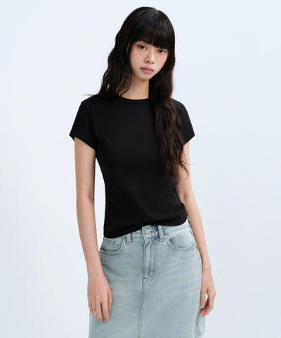 MUSINSA STANDARD WOMAN T-Shirt Slim Crew Neck [Black]