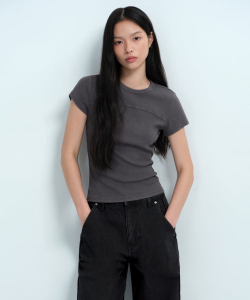 MUSINSA STANDARD WOMAN MUSINSA STANDARD WOMAN Women's Ribbed Pigment Slim T-Shirt Dark Gray