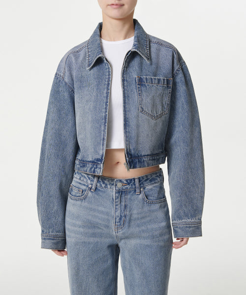 MUSINSA STANDARD WOMAN MUSINSA STANDARD WOMAN Women's relaxed crop denim zip-up jacket (light indigo)