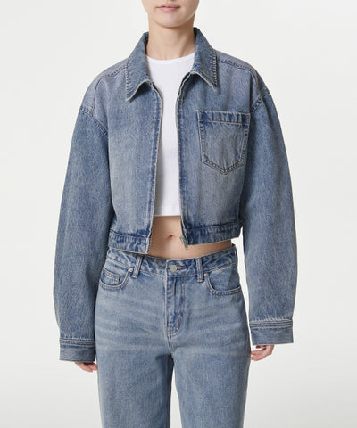 MUSINSA STANDARD WOMAN Women's relaxed crop denim zip-up jacket (light indigo)