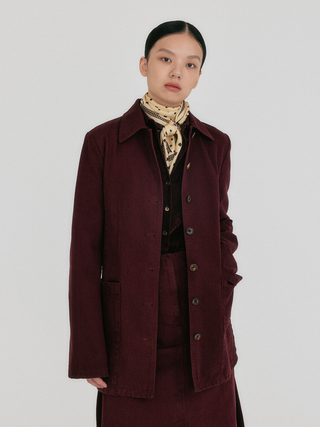 EENK ZUY Denim Utility Jacket - Burgundy