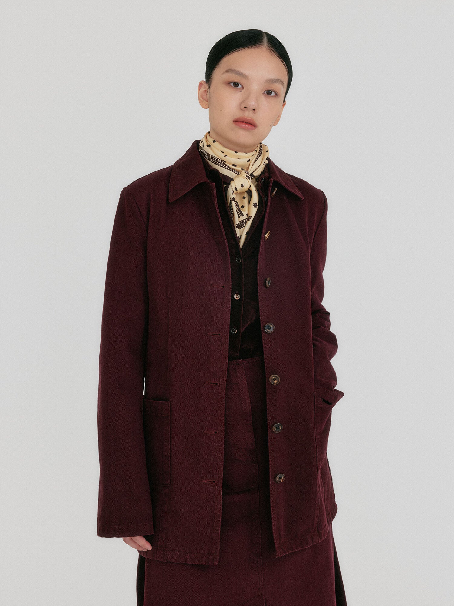 EENK ZUY Denim Utility Jacket - Burgundy