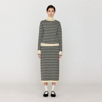 EENK Gingham Check Knit Midi Skirt - Black/Ivory