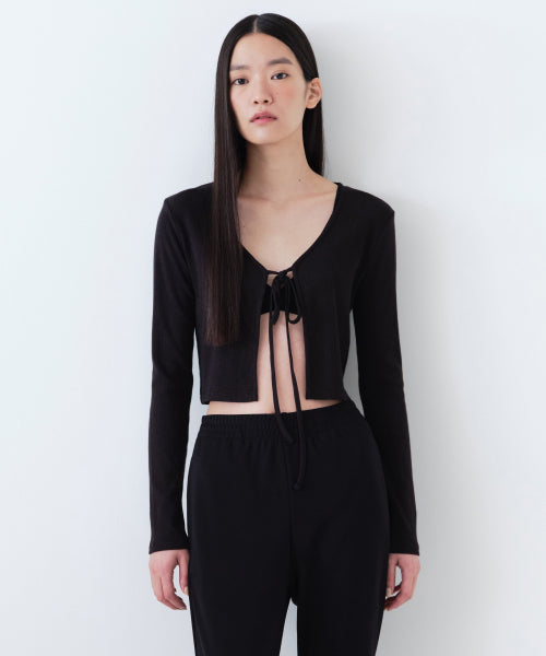 MUSINSA STANDARD WOMAN MUSINSA STANDARD WOMAN Women's Ribbed Tie-Up Crop Cardigan (Black)