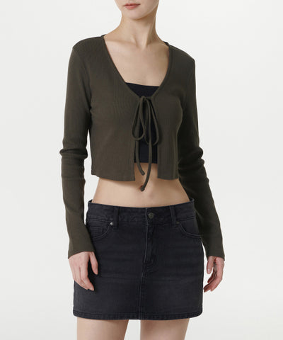 MUSINSA STANDARD WOMAN Cardigan ribbed tie-up crop dark olive