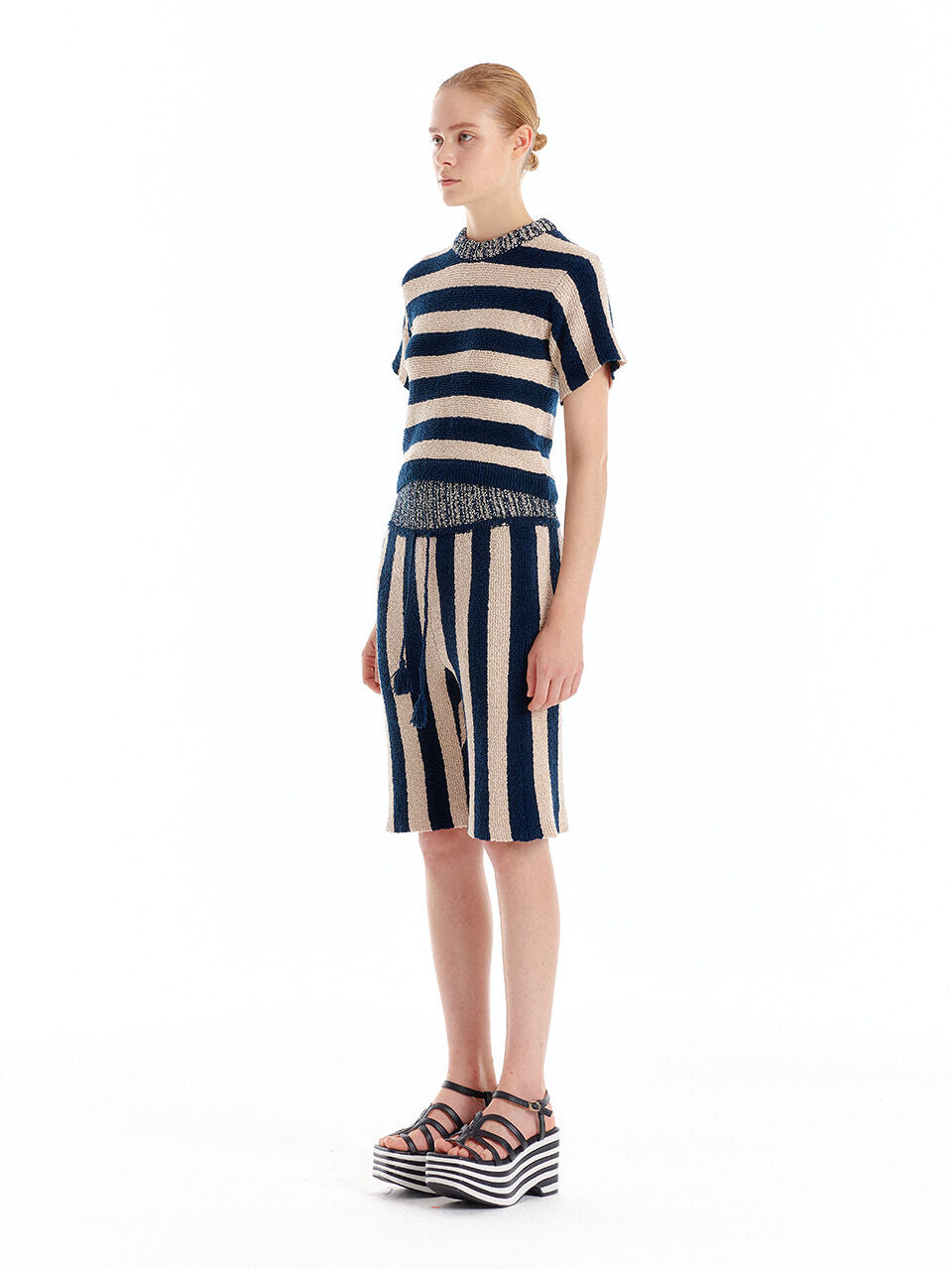 EENK EENK ULLYD Half Sleeve Knit Top - NavyBeige Stripe