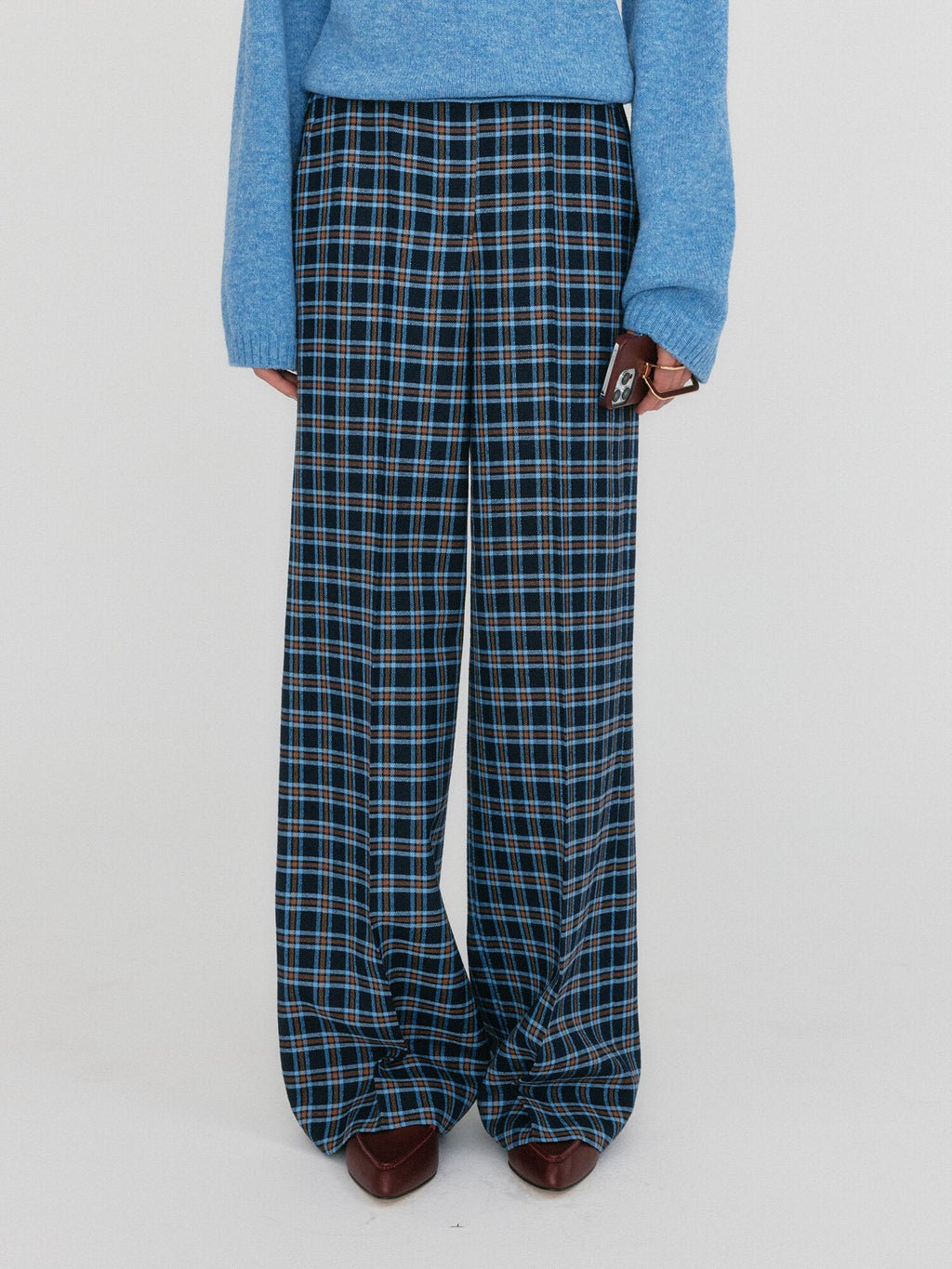 EENK ZILVINE Relaxed Plaid Pants - Navy/Sky Blue Multi