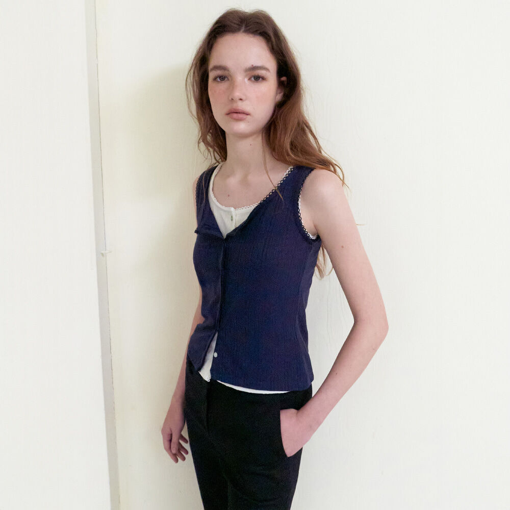 ETMON Lace-Trim Button Sleeveless, Navy