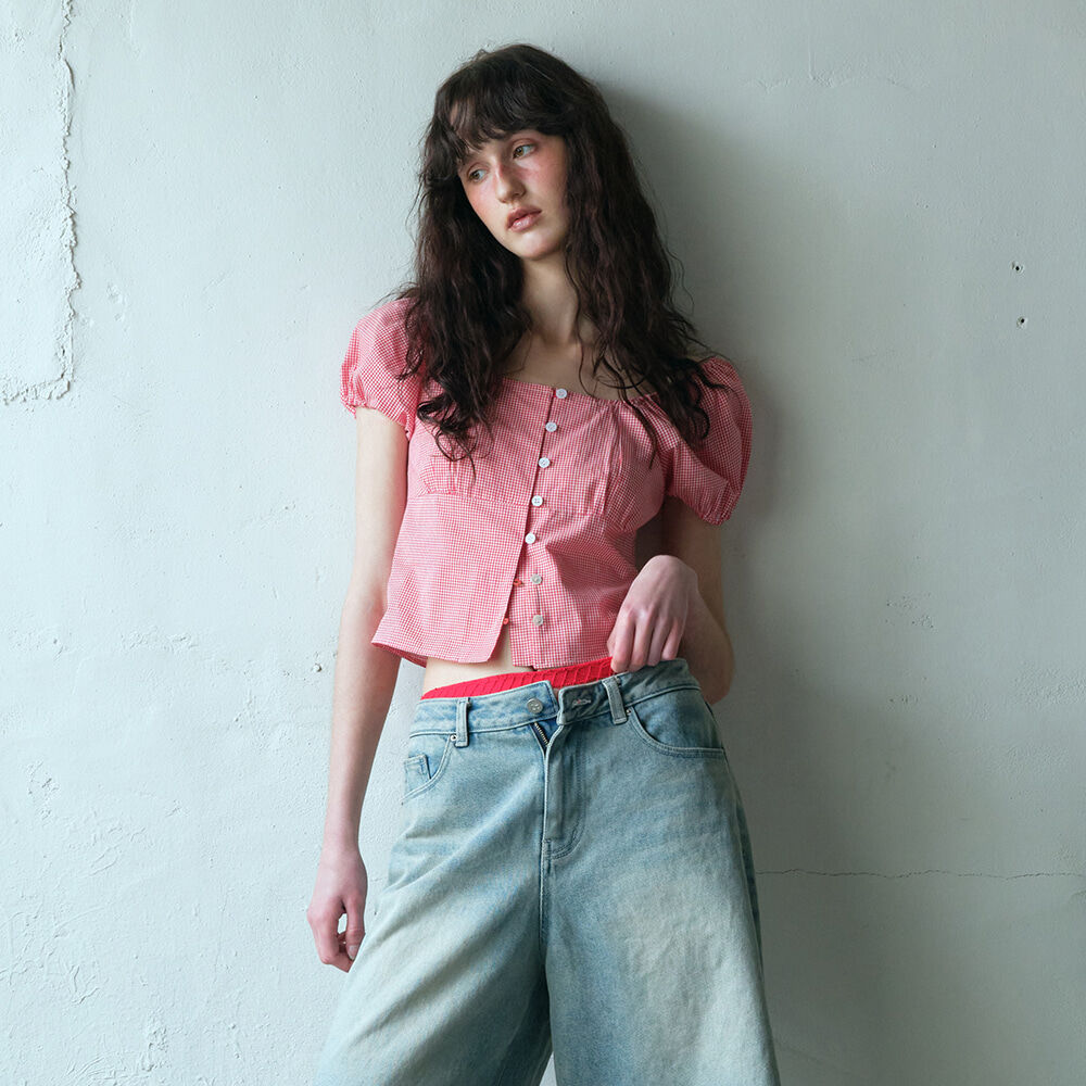 ETMON Check Shirring Blouse, Red