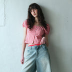 ETMON Check Shirring Blouse, Red