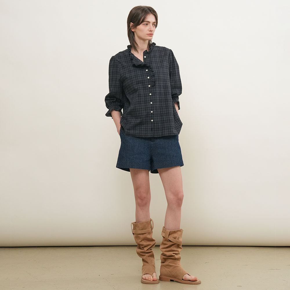 GENERAL IDEA WOMAN check frill blouse [DARK NAVY] / GF2LBL517