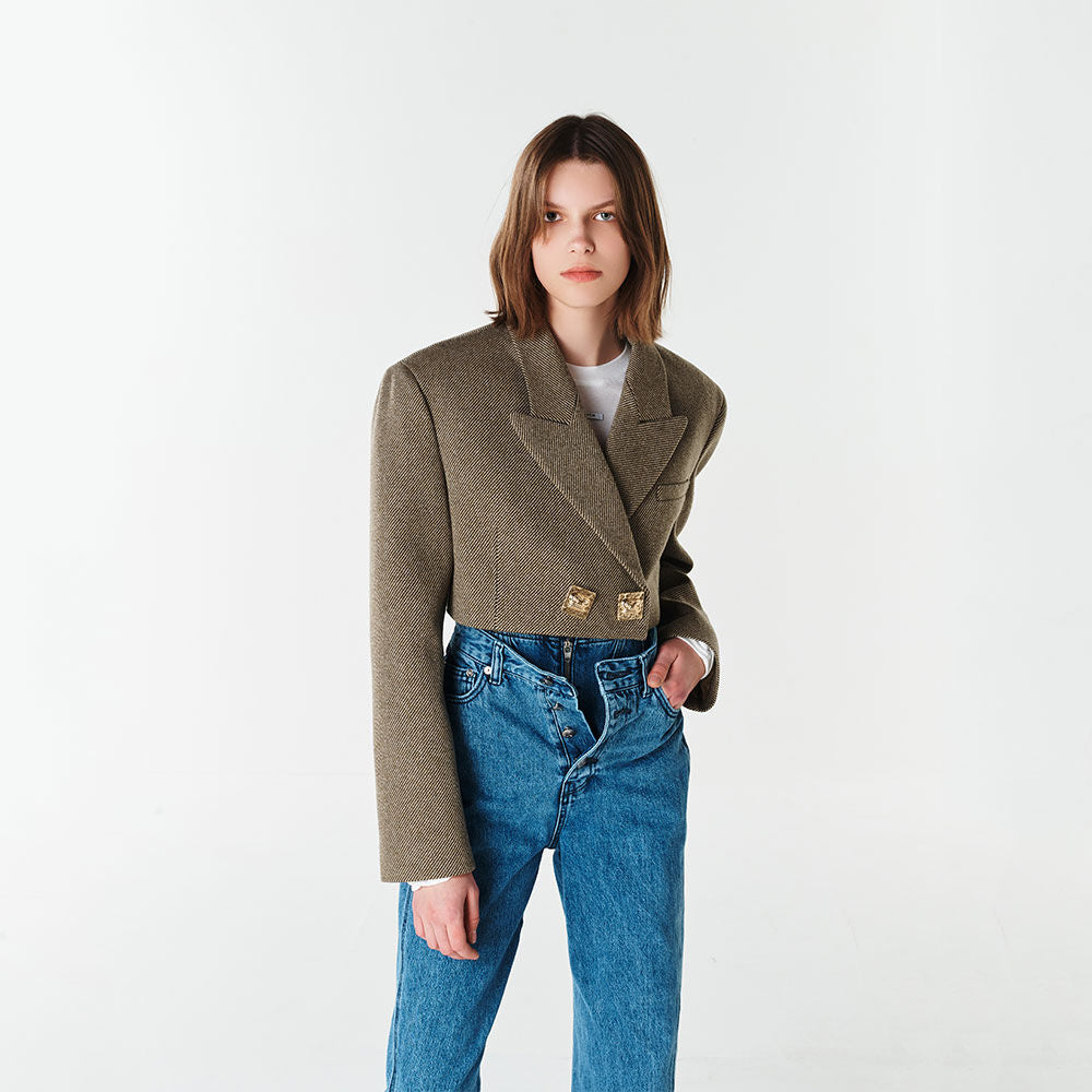 YCH CROPPED WOOL JACKET KHAKI (F23JK102KK)