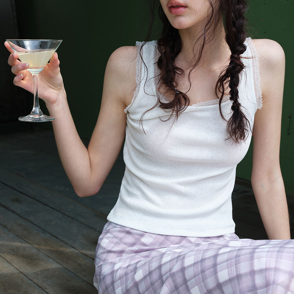 ETMON Lace Ribbed Sleeveless Top, White