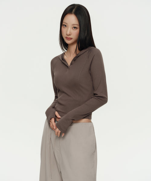 MUSINSA STANDARD WOMAN MUSINSA STANDARD WOMAN Women's Ribbed Slim Hooded Long Sleeve T-Shirt Dusty Brown