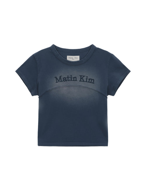 MATIN KIM MATIN KIM Pigment Cut Out Logo Crop Top in Smoke Blue