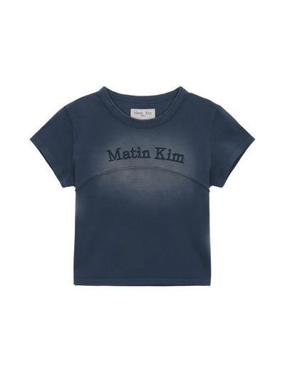 MATIN KIM Pigment Cut Out Logo Crop Top in Smoke Blue