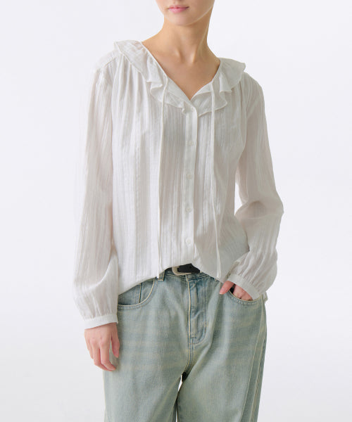 MUSINSA STANDARD WOMAN MUSINSA STANDARD WOMAN Women's Cotton Frill Neck Blouse (White)