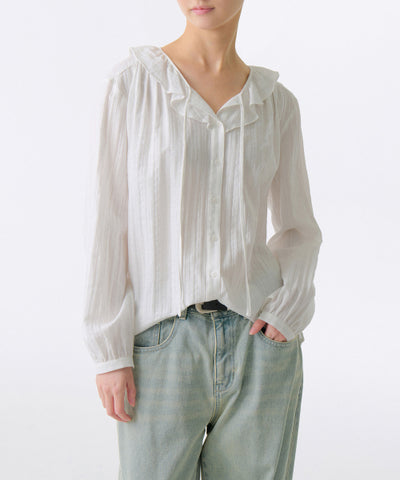 MUSINSA STANDARD WOMAN Women's Cotton Frill Neck Blouse (White)
