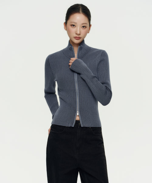 MUSINSA STANDARD WOMAN MUSINSA STANDARD WOMAN Women's Two-Tone Ribbed Slim Knit Zip-Up [Size]