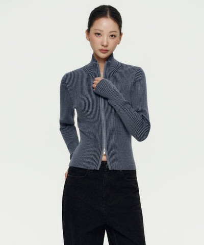 MUSINSA STANDARD WOMAN Women's Two-Tone Ribbed Slim Knit Zip-Up [Size]
