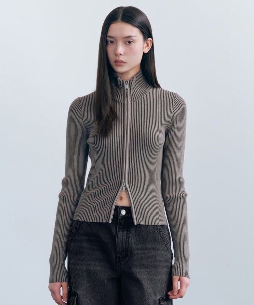 MUSINSA STANDARD WOMAN MUSINSA STANDARD WOMAN Women's Two-Tone Ribbed Slim Knit Zip-Up Warm Gray