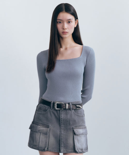 MUSINSA STANDARD WOMAN MUSINSA STANDARD WOMAN Women's Ribbed Slim Square Neck Knit Blue Gray