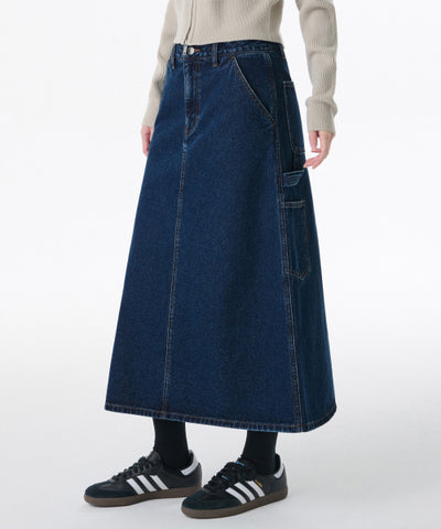MUSINSA STANDARD WOMAN Denim Carpenter Long Skirt [Medium Indigo]