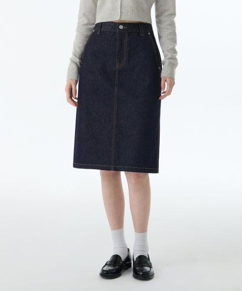 MUSINSA STANDARD WOMAN MUSINSA STANDARD WOMAN Denim Knee Length Skirt Deep Indigo
