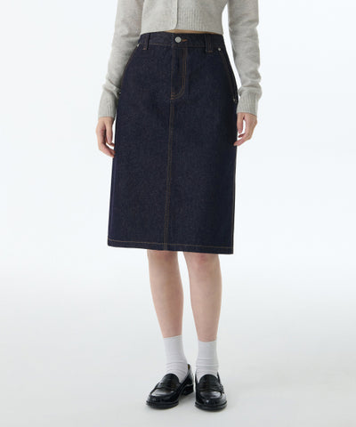 MUSINSA STANDARD WOMAN Denim Knee Length Skirt Deep Indigo