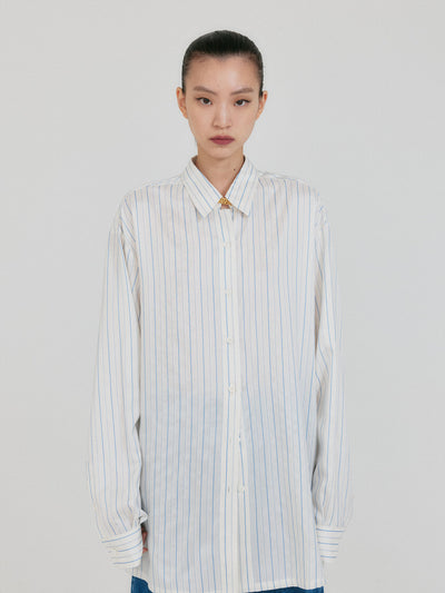 ZANCY Oversized Shirt with Brooch - Ivory Stripe