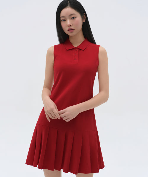 MUSINSA STANDARD WOMAN Pleated Sleeveless Polo Dress - Red