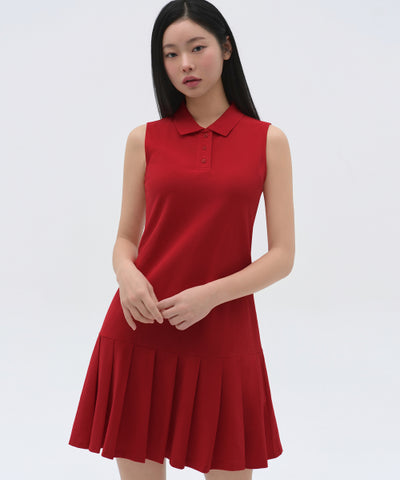 Pleated Sleeveless Polo Dress - Red