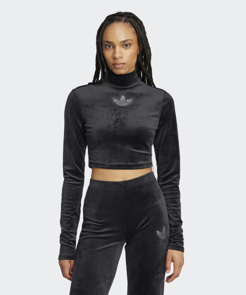 ADIDAS ADIDAS Rhinestone Velvet Long Sleeve Crop Top - Black