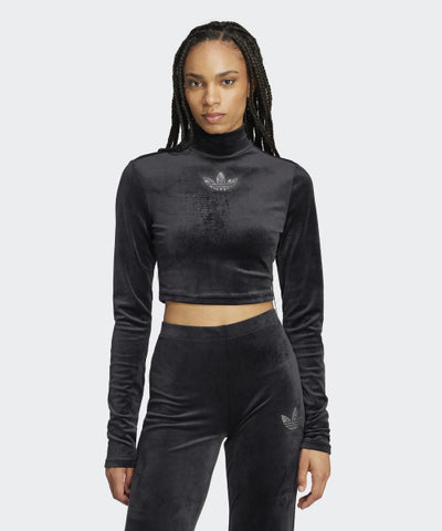 ADIDAS Rhinestone Velvet Long Sleeve Crop Top - Black