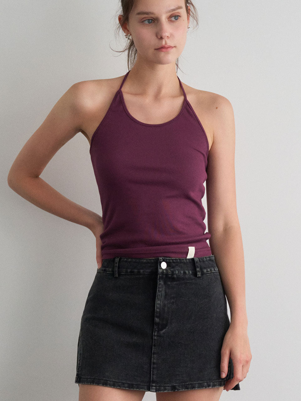 HAINT MIOLET RIBBED HALTER SLEEVELESS TOP 5COL_IVORY,PURPLE,BROWN,GRAY,BLACK