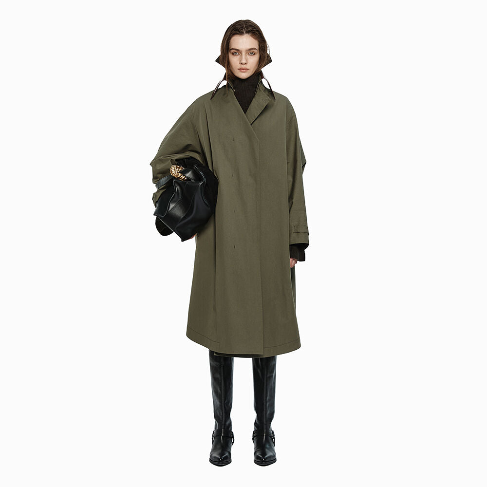 YCH LEATHER NECK DETAIL COAT KHAKI (W24OT0122KK)
