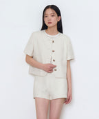 MUSINSA STANDARD WOMAN MUSINSA STANDARD WOMAN Women's Round Neck Tweed Crop Short Sleeve Jacket (Cream)