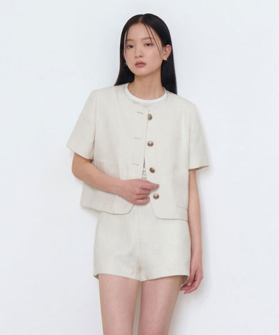MUSINSA STANDARD WOMAN Women's Round Neck Tweed Crop Short Sleeve Jacket (Cream)