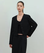 MUSINSA STANDARD WOMAN MUSINSA STANDARD WOMAN Women's Collarless 3 Button Crop Blazer [Black] Size S