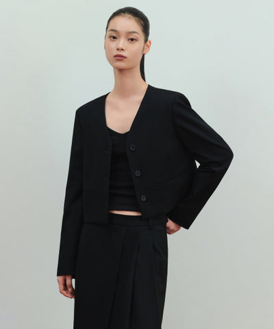 MUSINSA STANDARD WOMAN Women's Collarless 3 Button Crop Blazer [Black] Size S