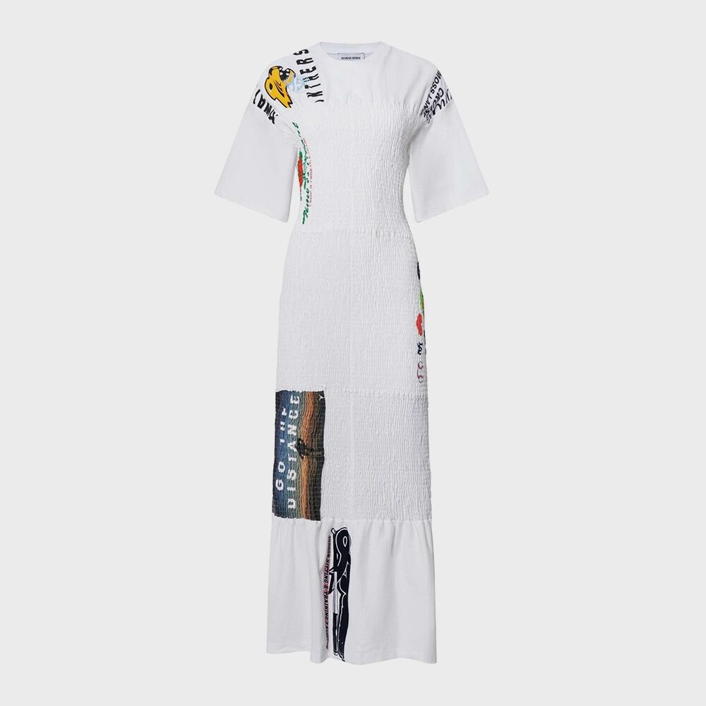 MARINE SERRE (W) UPCYCLED SHIRRED T-SHIRTS LONG FITTED DRESS